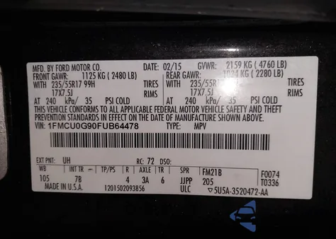 2015 Ford Escape Se z USA, uszkodzony, nr VIN 1FMCU0G90FUB64478